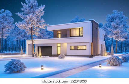 3d Rendering Of Modern Cozy House With Garage For Sale Or Rent With Many Snow On Lawn. Clear Winter Night With Stars On The Sky. Cozy Warm Light From Window