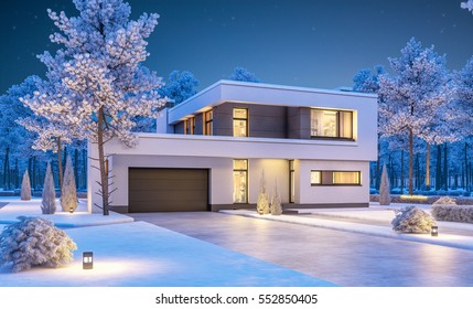 3d Rendering Of Modern Cozy House With Garage For Sale Or Rent With Many Snow On Lawn. Clear Winter Night With Stars On The Sky. Cozy Warm Light From Window