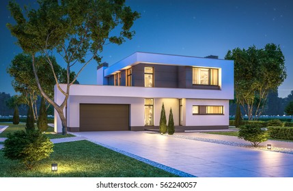 3d Rendering Of Modern Cozy House With Garage For Sale Or Rent With Many Grass On Lawn. Clear Summer Night With Stars On The Sky. Cozy Warm Light From Window