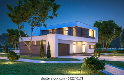 3d Rendering Of Modern Cozy House With Garage For Sale Or Rent With Many Grass On Lawn. Clear Summer Night With Stars On The Sky. Cozy Warm Light From Window