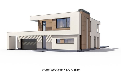 3d rendering of modern cozy house with garage for sale or rent. Isolated on white.