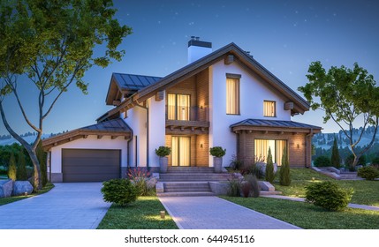 3d Rendering Of Modern Cozy House In Chalet Style With Garage For Sale Or Rent With Many Grass On Lawn. Clear Summer Night With Stars On The Sky. Cozy Warm Light From Window