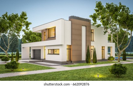 3d Rendering Of Modern Cozy House With Garage For Sale Or Rent With Many Grass On Lawn. Clear Summer Evening With Soft Sky. Cozy Warm Light From Window