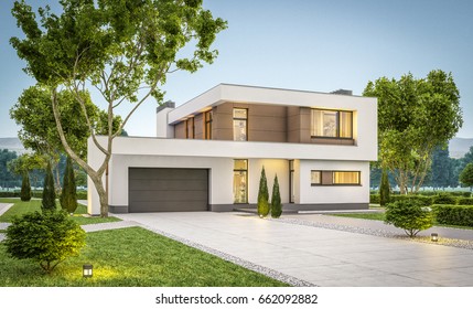 3d Rendering Of Modern Cozy House With Garage For Sale Or Rent With Many Grass On Lawn. Clear Summer Evening With Soft Sky. Cozy Warm Light From Window