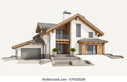 3d rendering of modern cozy house in chalet style with garage for sale or rent. Isolated on white.