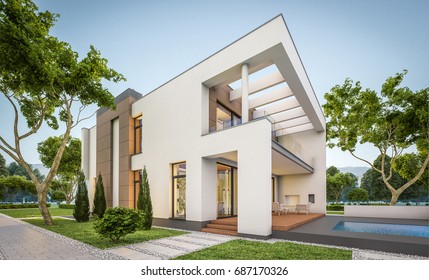 3d rendering of modern cozy house with garage for sale or rent with many grass on lawn. Clear summer evening with soft sky. Cozy warm light from window