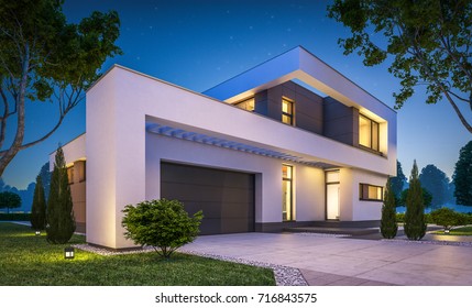 3d Rendering Of Modern Cozy House With Garage For Sale Or Rent With Many Grass On Lawn. Clear Summer Night With Stars On The Sky. Cozy Warm Light From Window