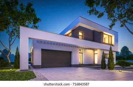 3d Rendering Of Modern Cozy House With Garage For Sale Or Rent With Many Grass On Lawn. Clear Summer Night With Stars On The Sky. Cozy Warm Light From Window