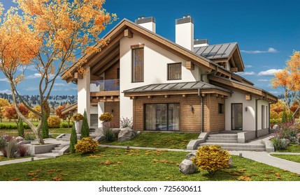 3d Rendering Of Modern Cozy House In Chalet Style With Garage For Sale Or Rent With Large Garden And Lawn. Clear Sunny Autumn Day With Cloudless Sky.