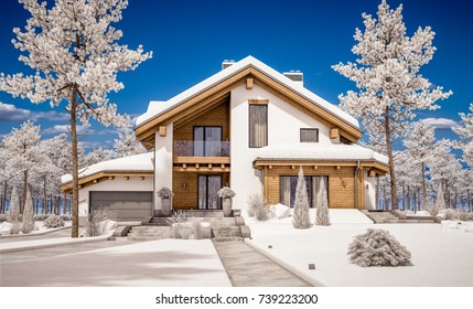 3d Rendering Of Modern Cozy House In Chalet Style With Garage. Mountain Ski Resort With Snow. Clear Sunny Winter Day With Cloudless Sky. With Many Snow On The Roof And Lawn.