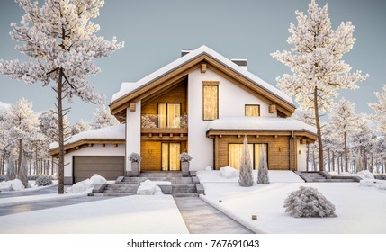 3d rendering of modern cozy house in chalet style with garage. Mountain ski resort with snow. Evening with friendly cozy rays from window. With many snow on the roof and lawn.