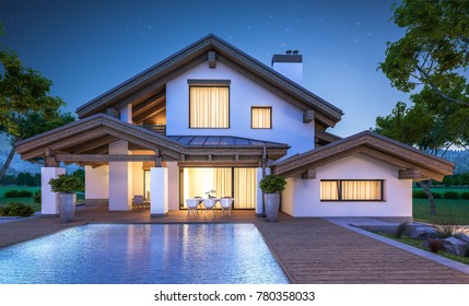 3d Rendering Of Modern Cozy House In Chalet Style With Garage For Sale Or Rent With Many Grass On Lawn. Clear Summer Night With Stars On The Sky. Cozy Warm Light From Window