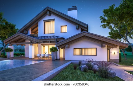 3d Rendering Of Modern Cozy House In Chalet Style With Garage For Sale Or Rent With Many Grass On Lawn. Clear Summer Night With Stars On The Sky. Cozy Warm Light From Window