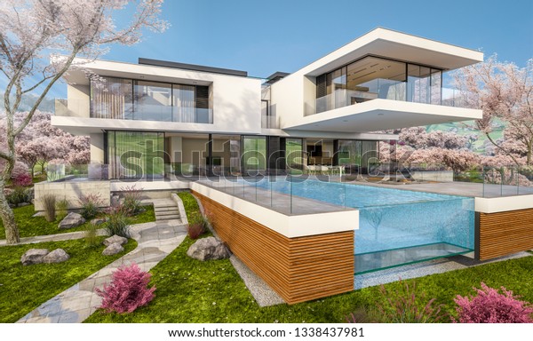 3d Rendering Modern Cozy House By Stock Illustration 1338437981