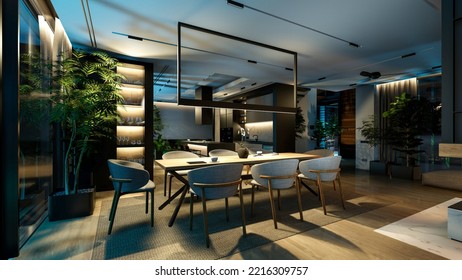 3d Rendering Of Modern Cozy Interior With Living,dining Zone Stair And Kitchen For Sale Or Rent With Wood Plank By The Sea In Night. Warm Interior Lighting Combined With Cold Light From Night Street