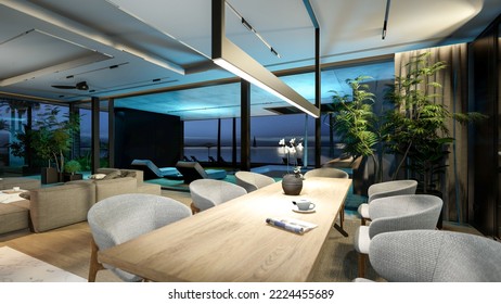 3d Rendering Of Modern Cozy Interior With Living,dining Zone Stair And Kitchen For Sale Or Rent With Wood Plank By The Sea In Night. Warm Interior Lighting Combined With Cold Light From Night Street