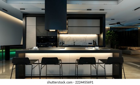 3d Rendering Of Modern Cozy Interior With Living,dining Zone Stair And Kitchen For Sale Or Rent With Wood Plank By The Sea In Night. Warm Interior Lighting Combined With Cold Light From Night Street