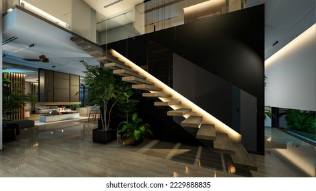 3d rendering of modern cozy interior with living,dining zone stair and kitchen for sale or rent with wood plank by the sea in night. Warm interior lighting combined with cold light from night street