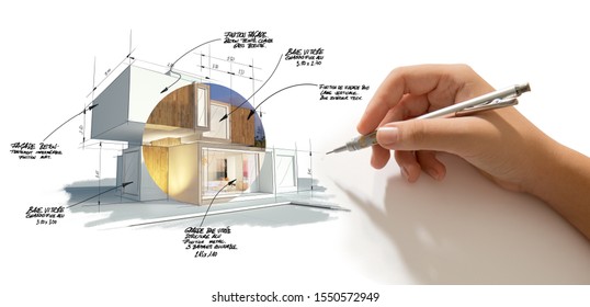 3D rendering of a modern cubic house with a hand writing notes, measurements and indications 
