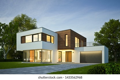 3d rendering of a modern cubic villa in the evening