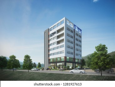 3D Rendering Of Modern Day Building With Road And Trees Nearby. Illustraion. 