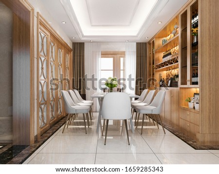 3d rendering modern dining room and  living room with luxury decor wine shelf
