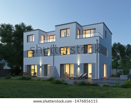 3d rendering of a modern duplex house in the evening