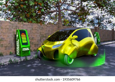 3d Rendering Of The Modern Electronic Smart Car At A Public Wireless Charging Station In A Parking Lot.