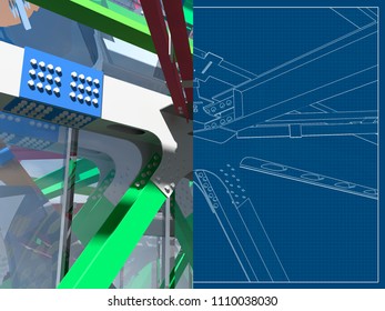 3D rendering. Modern elevated pedestrian crossing of glass and metal. Structure of metal beams, concrete columns and glass. Drawing blueprint and a model.
