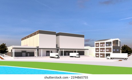 3d Rendering Of A Modern Factory In Jinhae. Architectural Illustration Of A Modern Warehouse.