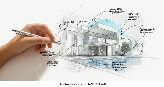 3D Rendering Of A Modern  High End Architecture Project With A Hand Sketching And Drafting