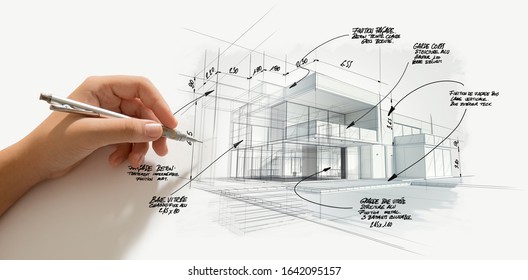 3D Rendering Of A Modern  High End Architecture Project With A Hand Sketching And Drafting