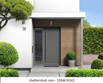 3d Rendering Of A Modern Home Entrance With Front Door