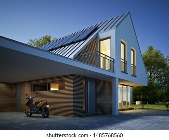 3d rendering of a modern house in the evening