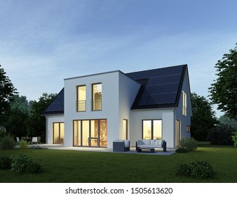 3d Rendering Of A Modern House In The Evening