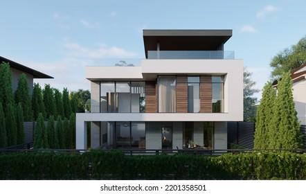 3D Rendering Of A Modern House With A Flat Roof. Elite Architecture. House With An Exploited Roof