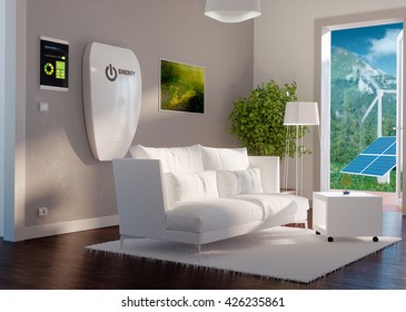 3d Rendering Of Modern House Interior With Independent Energy Storage Battery System.