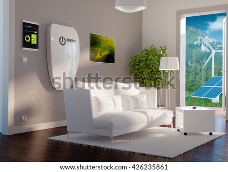 3d rendering of modern house interior with independent energy storage battery system.