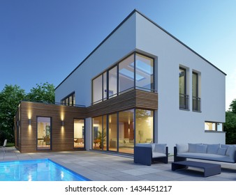 3d Rendering Of A Modern House With Pool