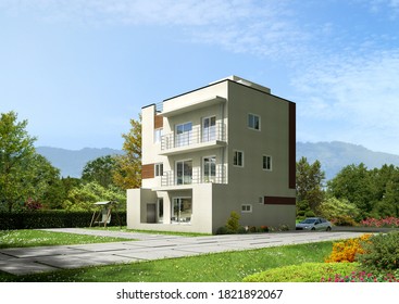 3d rendering of a modern house in rural area with sky - Shutterstock ID 1821892067