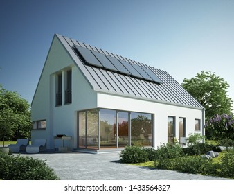 3d Rendering Of A Modern House With Solar Panels