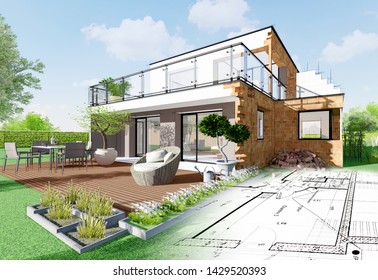 3D Rendering Of A Modern House Under Construction