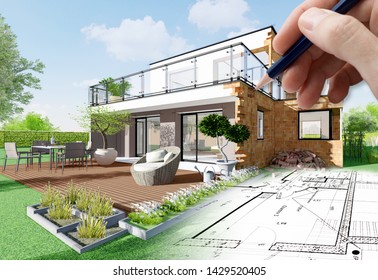 3D rendering of a modern house under construction