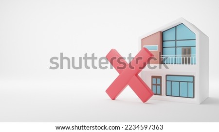 3D rendering. Modern House with wrong mark icon isolated on white background. Home and close, delete, remove symbol. copy space.