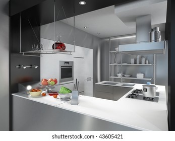 3D Rendering Of A Modern Industrial Kitchen Island