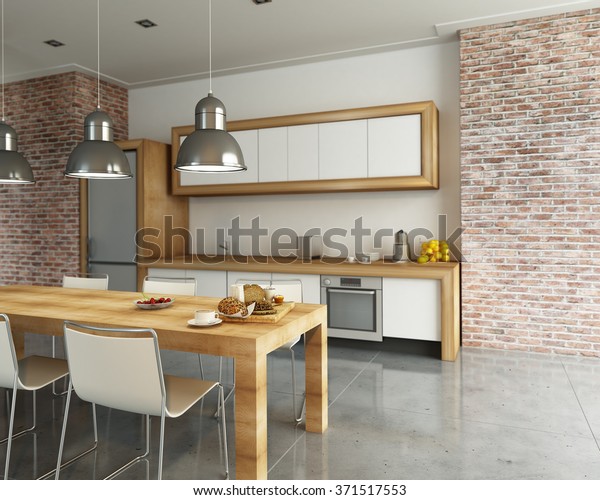 3d Rendering Modern Industrial Style Kitchen Stock Illustration 371517553