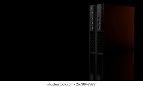 3D rendering of modern ISP server computer towers displayed horizontally with metallic case and orange glowing light. The technology concept is isolated on black for IT visuals.