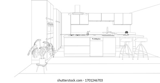 3d rendering modern kitchen interior decorated by kitchen counter, cabinet, hood and stove, bar chairs for interior design idea.