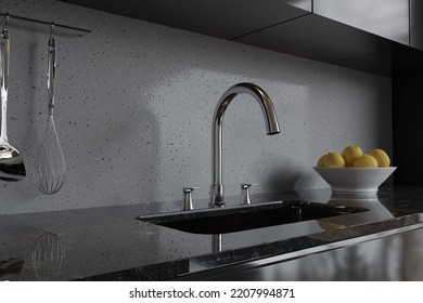 3D Rendering Of A Modern Kitchen Interior With A Chrome Faucet And A Natural Stone Worktop 