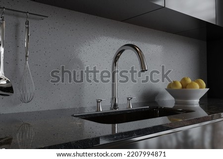 3D rendering of a modern kitchen interior with a chrome faucet and a natural stone worktop 